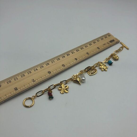18K Gold Plated Women's Charm Bracelet Heart Sun Flower Beads Hypoallergenic - Picture 9 of 10